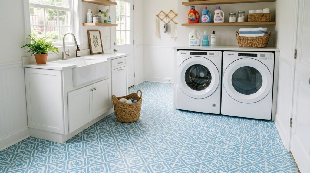 A clean and organized modern laundry room with contemporary fixtures and ample shelving.