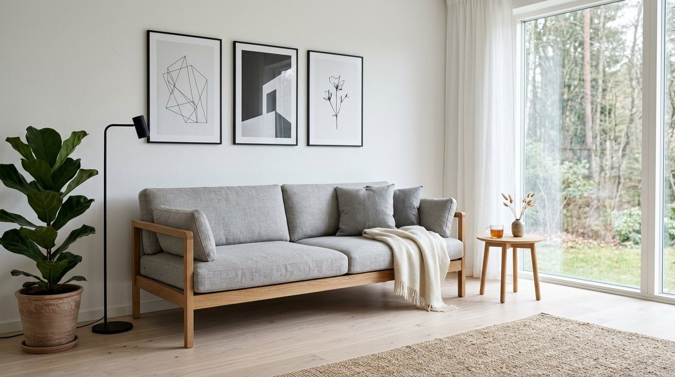 Modern grey sofa with wooden frame, throw blanket, and floor lamp in a sunlit room with wall art.