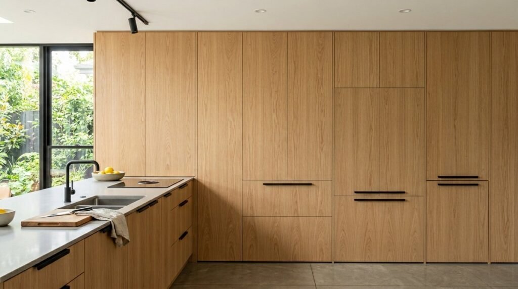 Close up view of natural light oak wood wall paneling with visible grain texture.