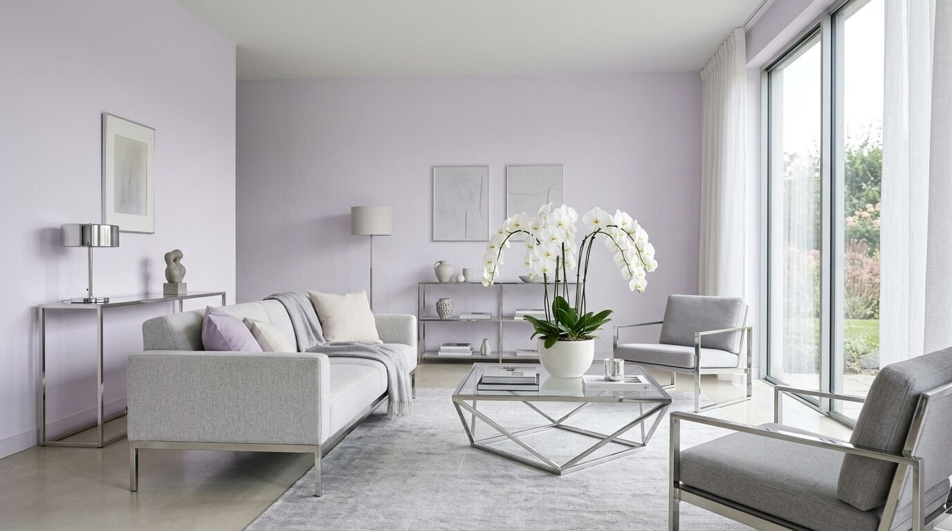 A light purple living room with a grey sofa, metal accent tables, and a large white orchid on a glass coffee table.