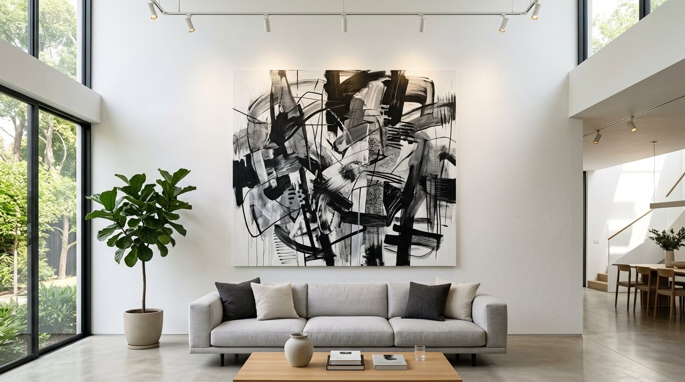 Spacious interior featuring a grey couch, fiddle leaf fig plant, and a prominent black and white abstract wall mural.