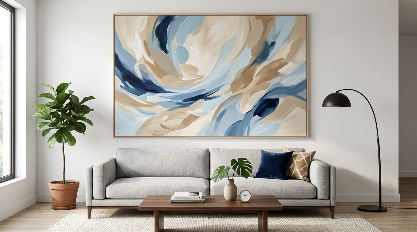 A beige and blue abstract canvas art piece displayed in a bright living area with a fiddle leaf fig and arc lamp.