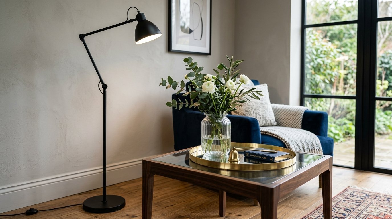 Blue armchair, glass coffee table with flowers, and black floor lamp in a sunlit cozy home interior.