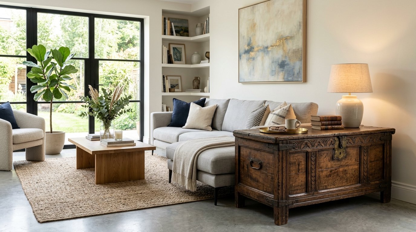 Modern interior with a grey couch, jute rug, potted plant, and a vintage wooden chest used as an end table.