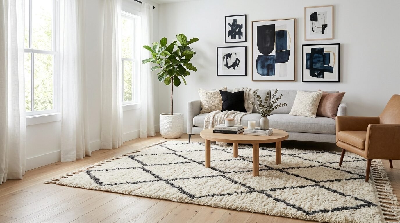 A cream-colored shag rug with a black geometric diamond pattern in a bright, modern living room.