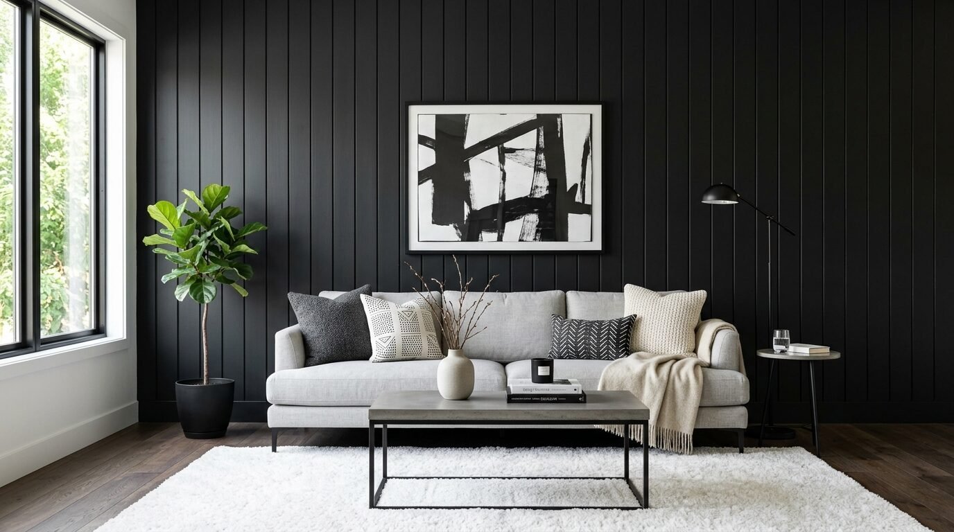 Contemporary living room with a light grey couch, abstract wall art, fiddle leaf fig plant, and fluffy white rug.