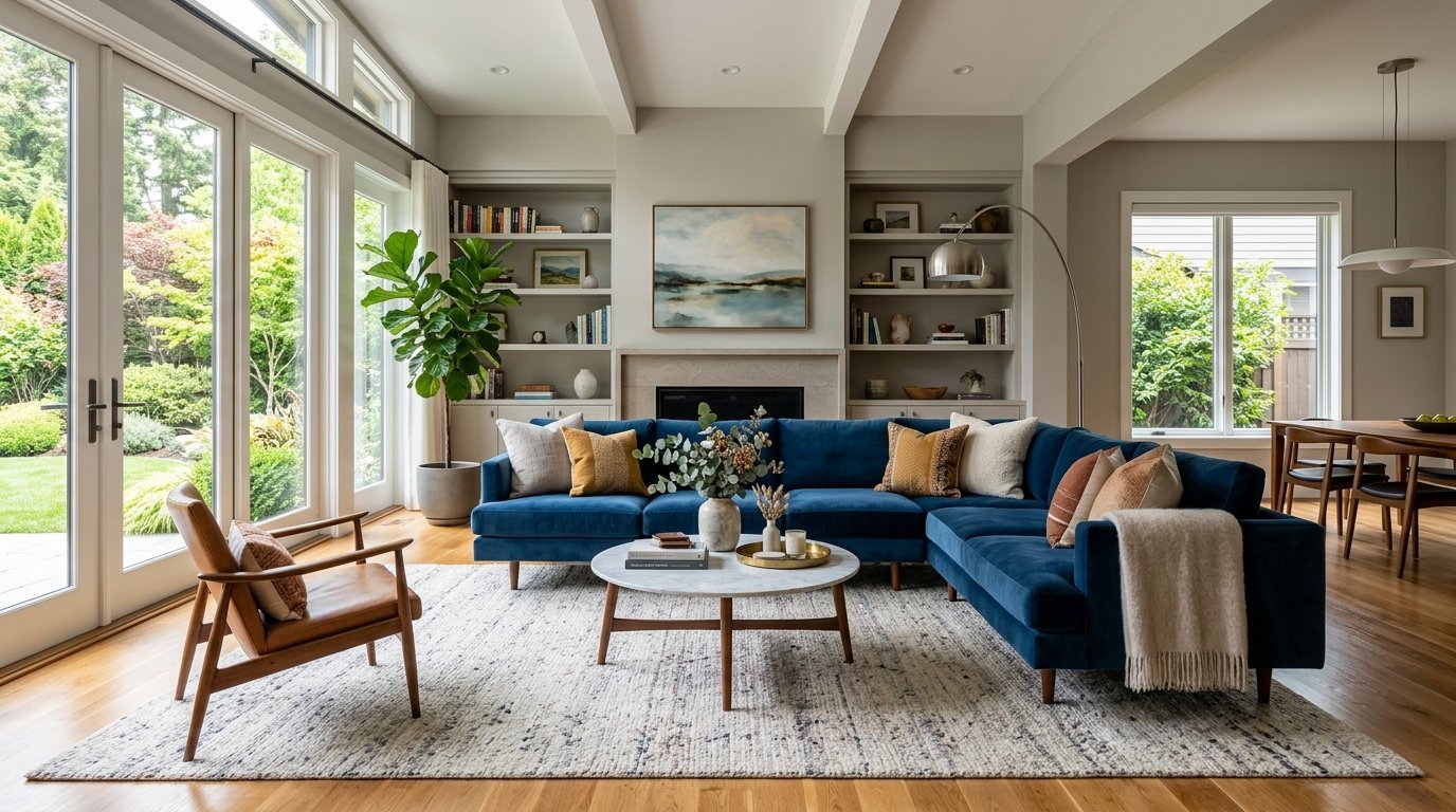 Modern living room with a deep blue sectional, leather armchair, and marble coffee table near floor-to-ceiling windows.