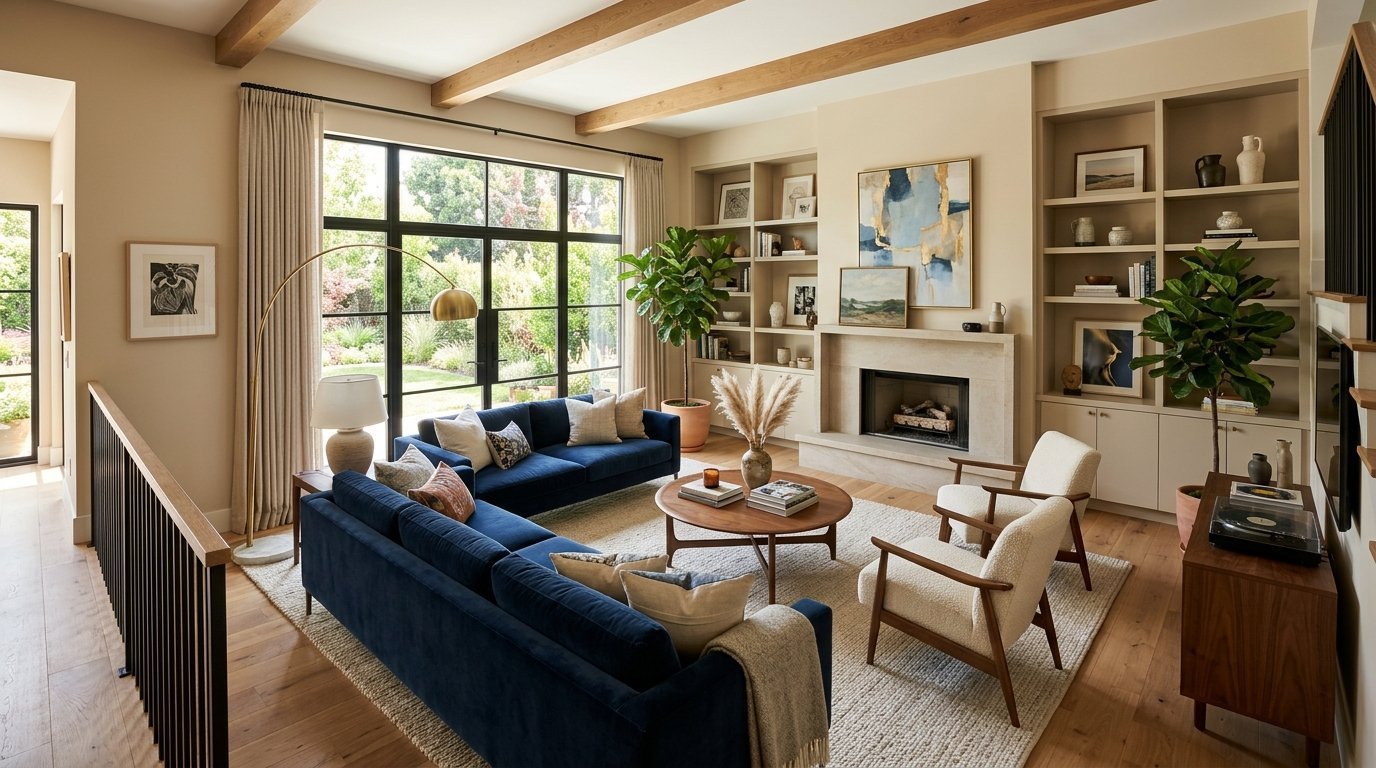 Spacious living room featuring two blue sofas, cream armchairs, a fireplace, and large windows with garden views.