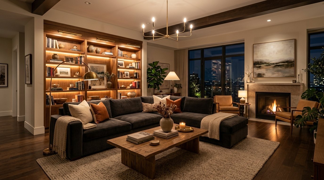 Dark sectional sofa and wooden coffee table in a living room with built-in shelves, lighting, and fireplace.