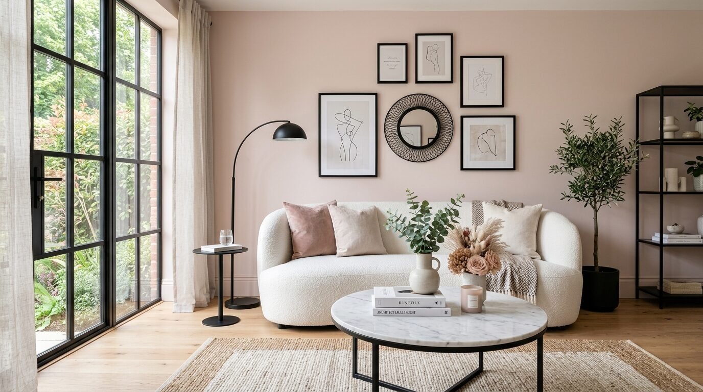A cream curved sofa with soft pink pillows sits in a light pink living room with a marble coffee table and black accents.