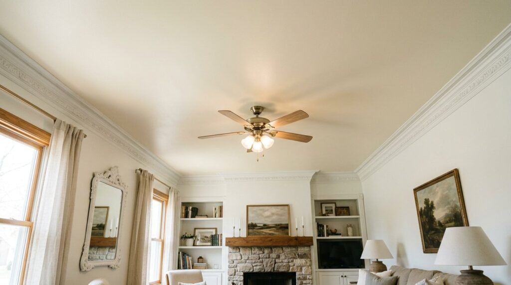 A detailed view of a modern living room ceiling with integrated architectural lighting and smooth finishes.