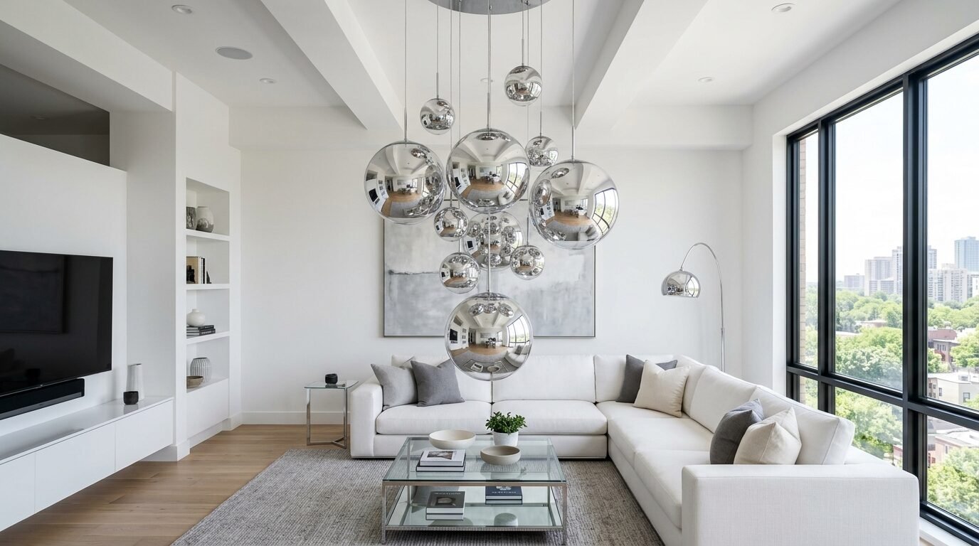 Bright modern living room featuring a large white sectional, glass coffee table, and unique mirrored orb light fixture.