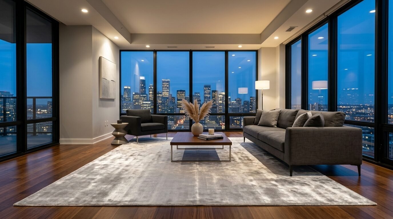 Contemporary living space featuring a dark sofa, grey area rug, and floor-to-ceiling windows showing a night cityscape.