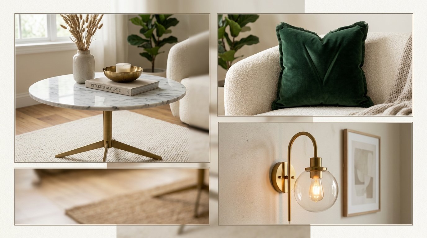 Collage of home interiors featuring a marble coffee table, green velvet pillow, and brass wall sconce.