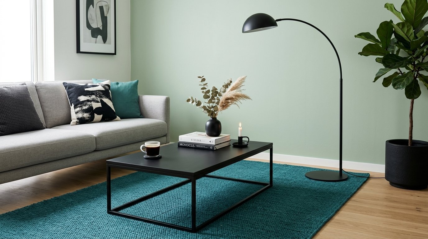 Grey sofa with patterned cushions placed next to a black coffee table and an arched floor lamp on a teal area rug.