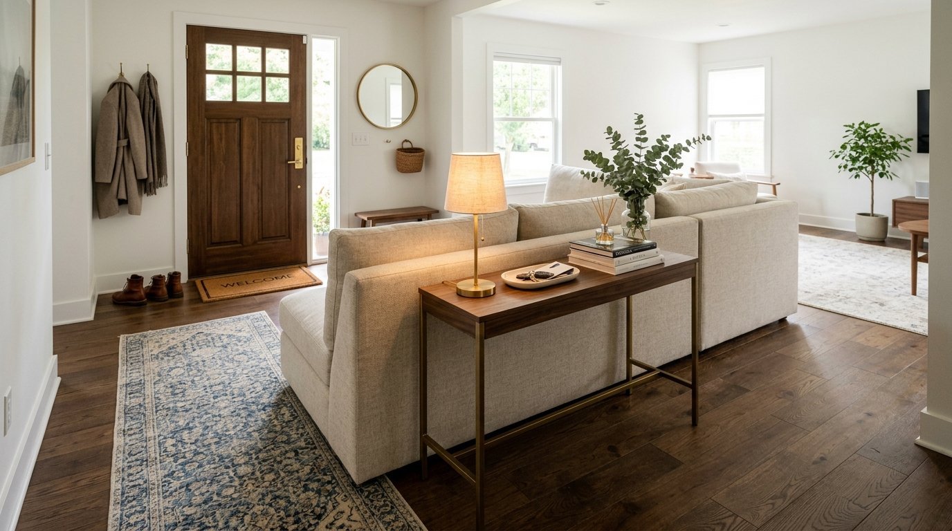 A cream sofa with a console table, lamp, and greenery placed behind it in a bright open-concept home interior.