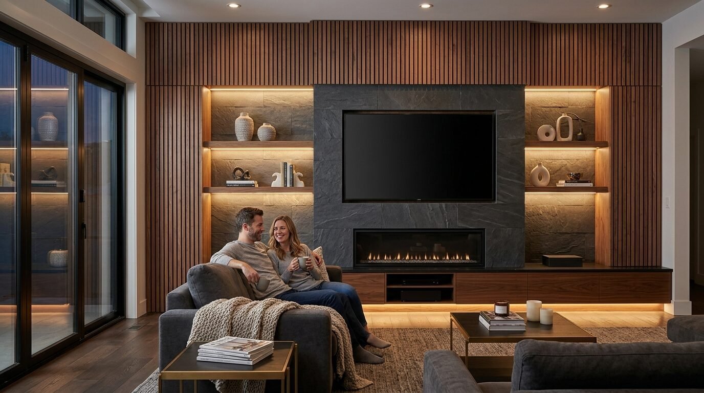 Man and woman sitting on a sofa in a contemporary living room with a wood-slatted feature wall and gas fireplace.