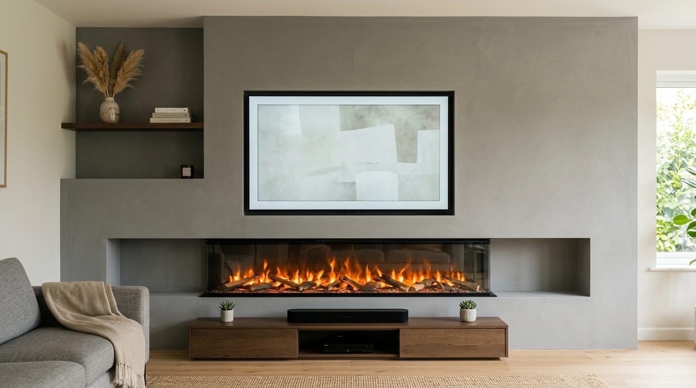 A recessed wide electric fireplace below a mounted television set against a smooth gray plastered feature wall.