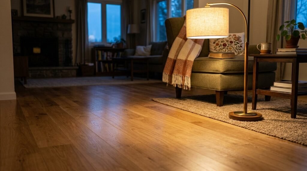 Close up view of modern hardwood flooring in a bright living room