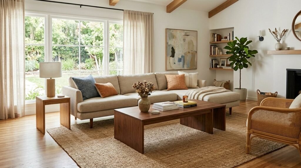 Contemporary living room furniture set featuring a sleek sofa and wooden coffee table.
