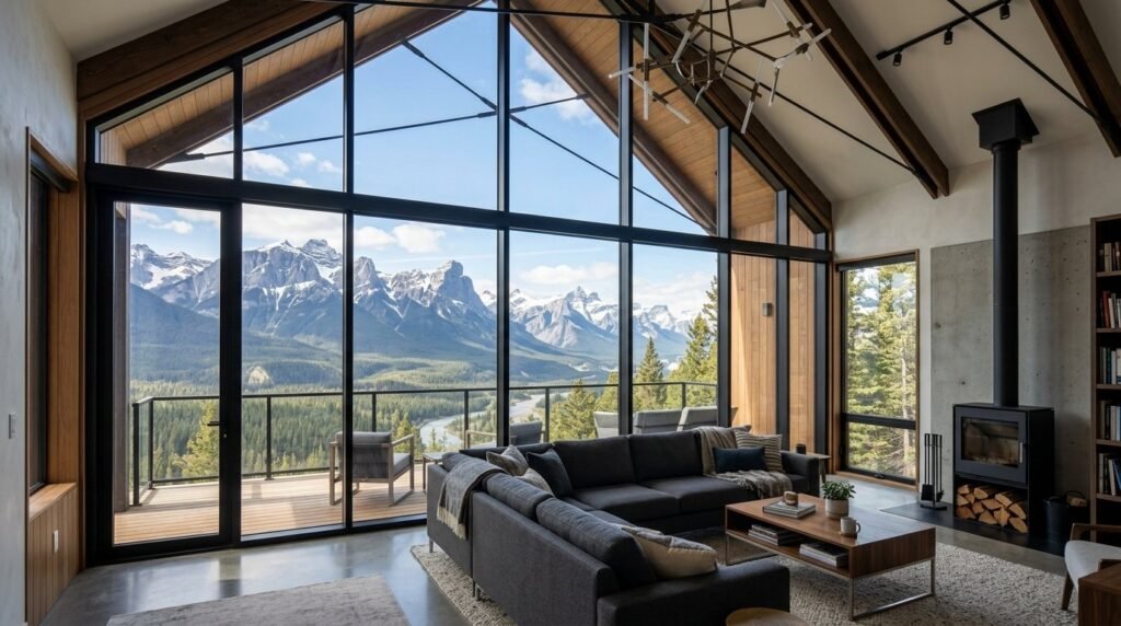 Bright living room interior with a large floor to ceiling glass wall overlooking a landscaped garden.