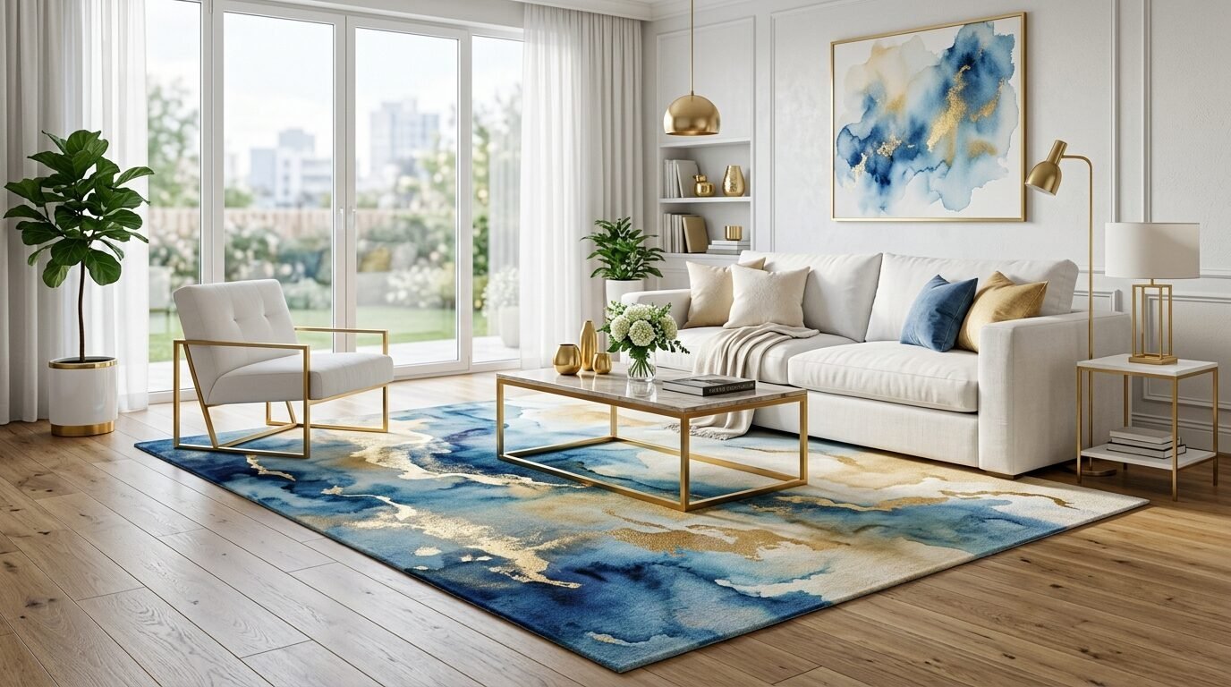 Bright living room featuring a white couch, marble coffee table, and blue and gold watercolor pattern area rug.