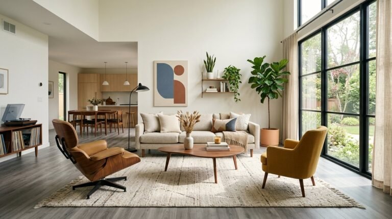 A beautifully decorated modern living room featuring contemporary furniture and neutral decor.