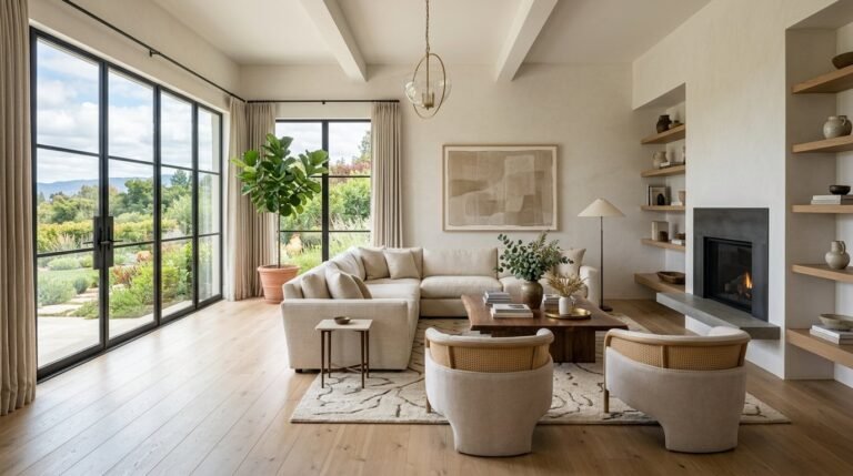 A beautifully staged modern living room with stylish furniture and contemporary decor.