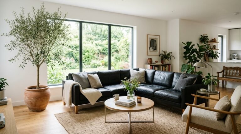 Spacious interior with a black corner couch, round wooden coffee table, and large potted olive tree by a garden window.