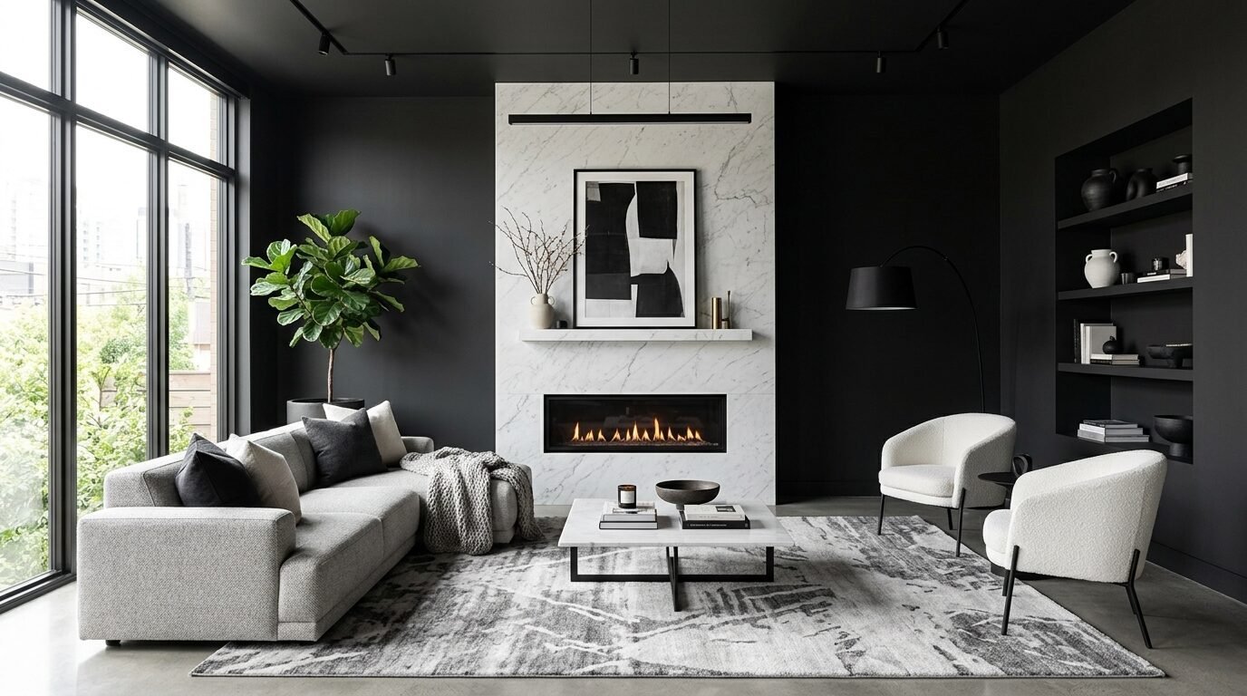 Modern living room with a white marble fireplace, grey sofa, two cream armchairs, and abstract wall art.