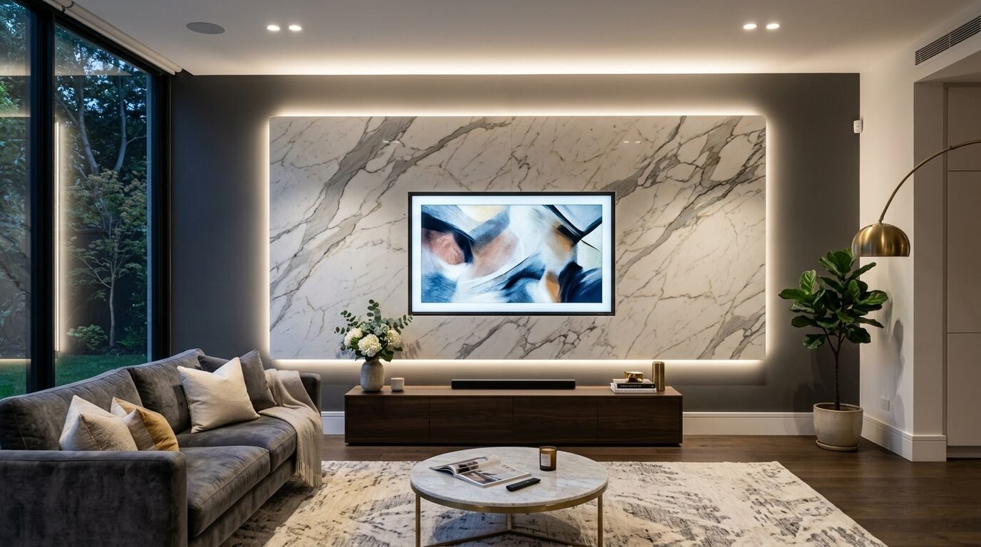 Grey velvet sofa facing a wood media console and a large marble accent wall with integrated LED lighting.