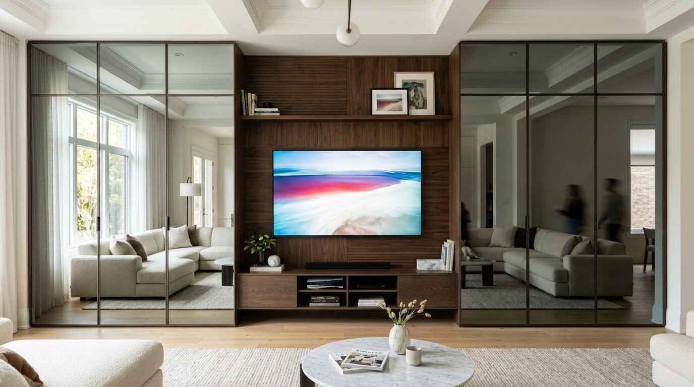 Living room featuring a walnut television wall unit framed by floor-to-ceiling smoked mirror wardrobe doors.