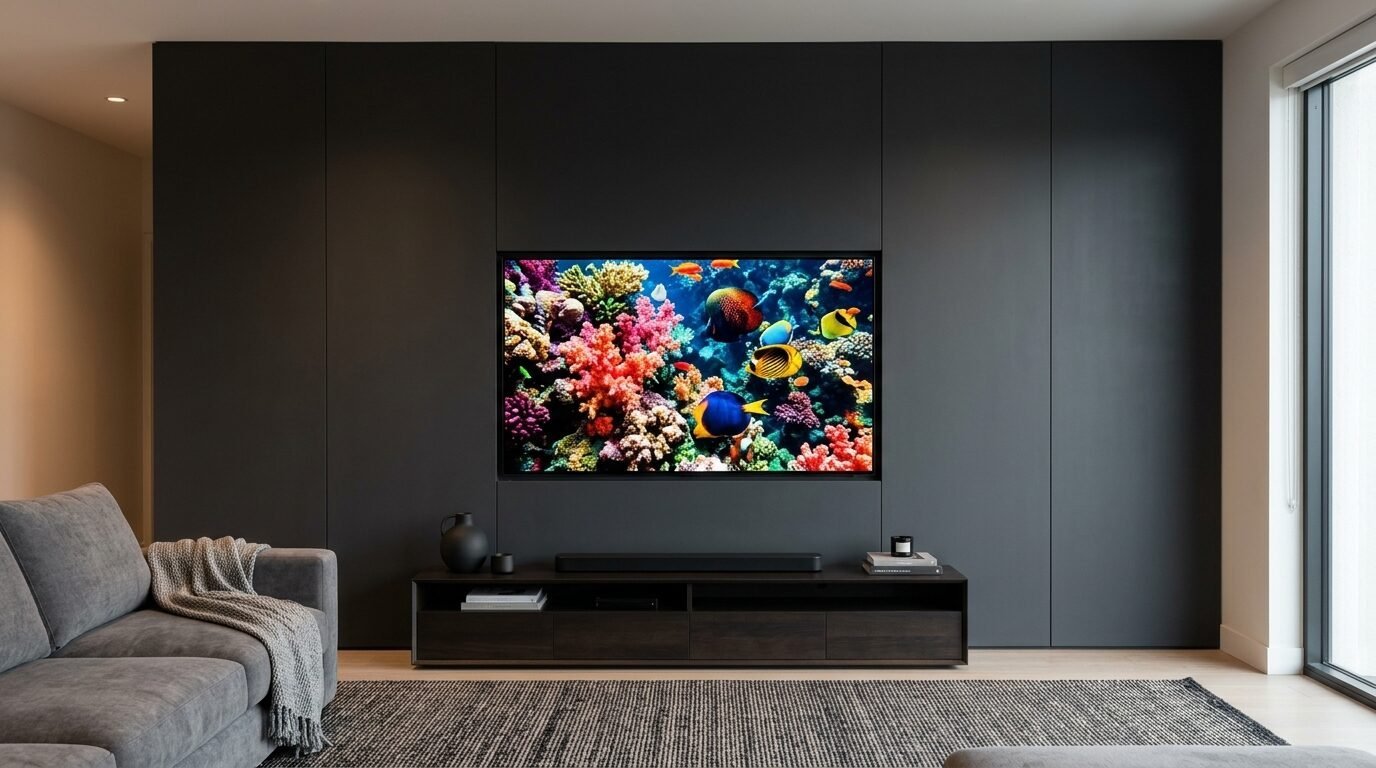 Large screen television showing colorful tropical fish and coral inside a minimalist living room.