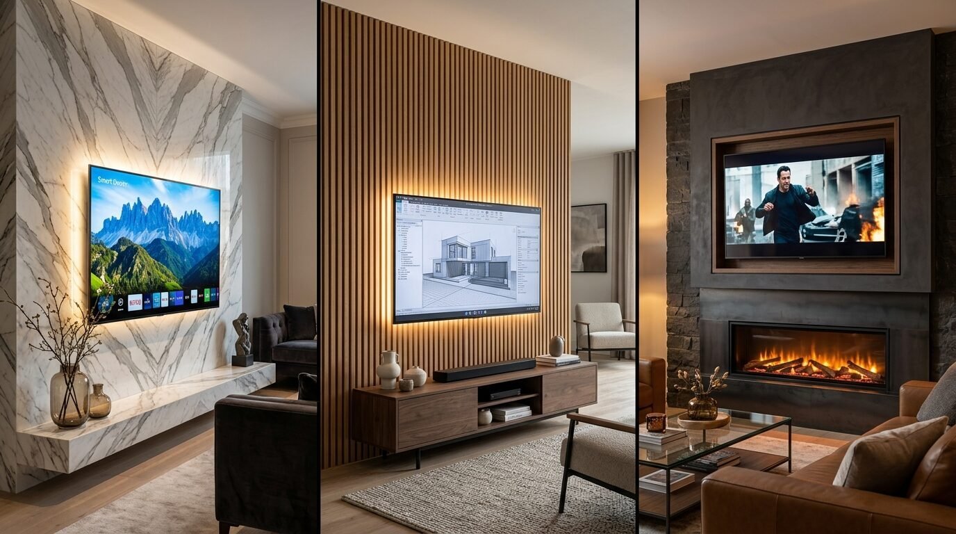 A triptych showing three living room wall designs with television screens and various luxury finishes.