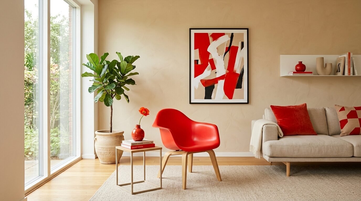 Bright living room with a red Eames-style chair, abstract wall art, and a fiddle leaf fig plant.