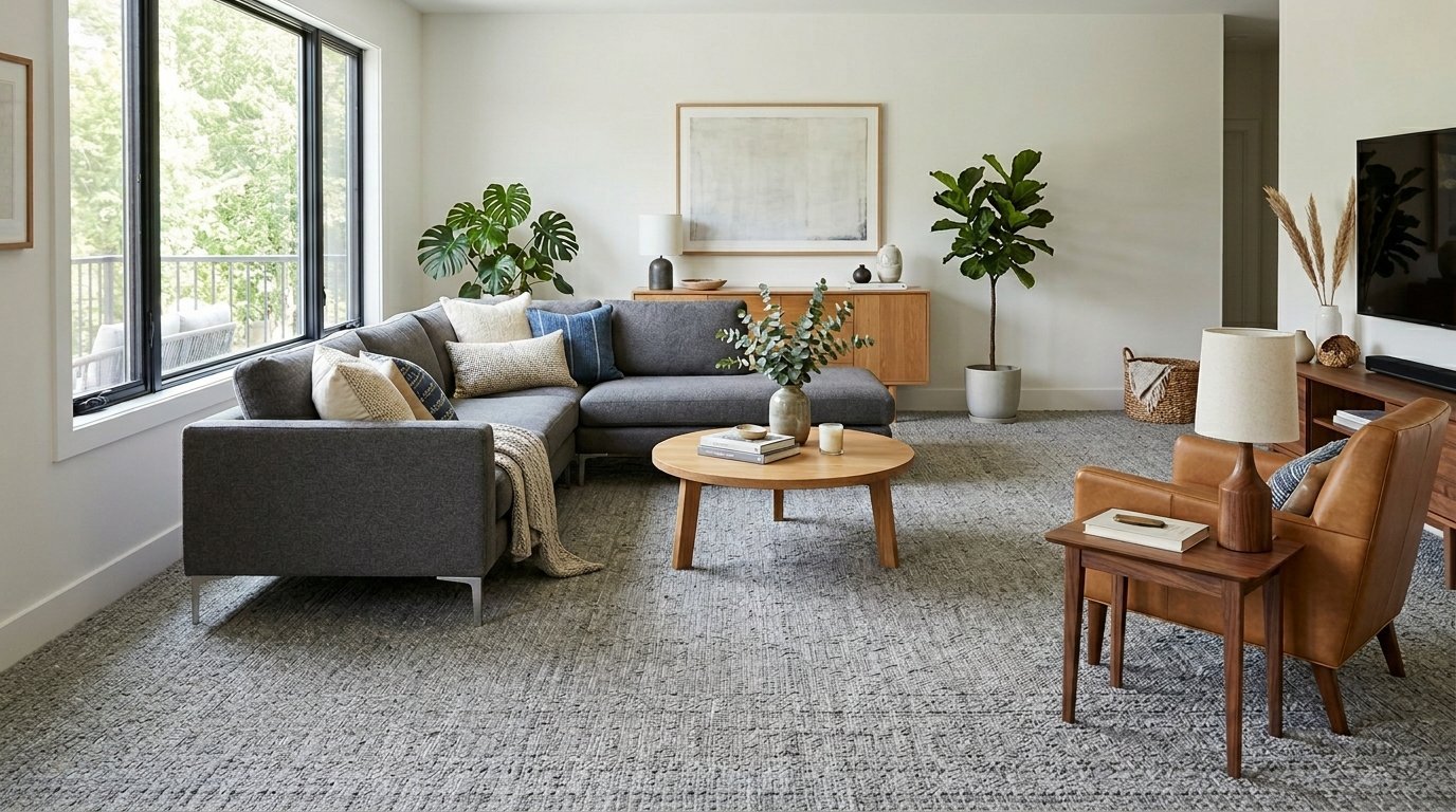 A grey corner sectional sofa and tan leather chair arranged in a bright, modern living room with a round wood table.