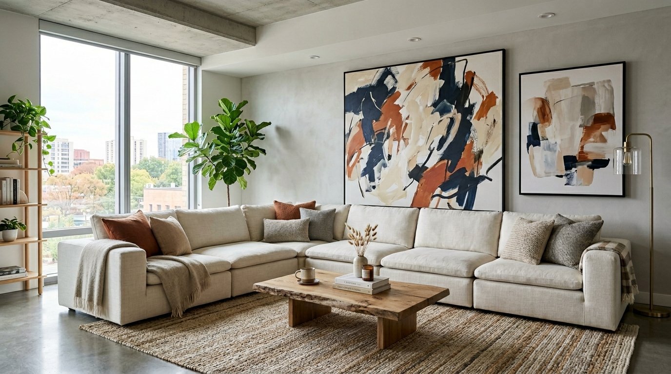 Neutral l-shaped couch arranged with textured throw pillows on a woven rug beneath large abstract paintings.