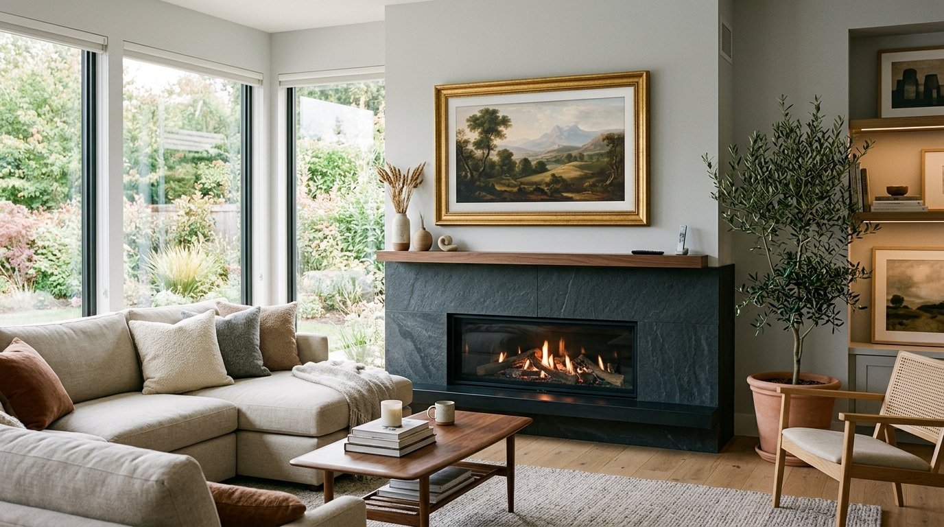Cozy living room with a stone fireplace, cream sofa, and potted olive tree next to large floor-to-ceiling windows.