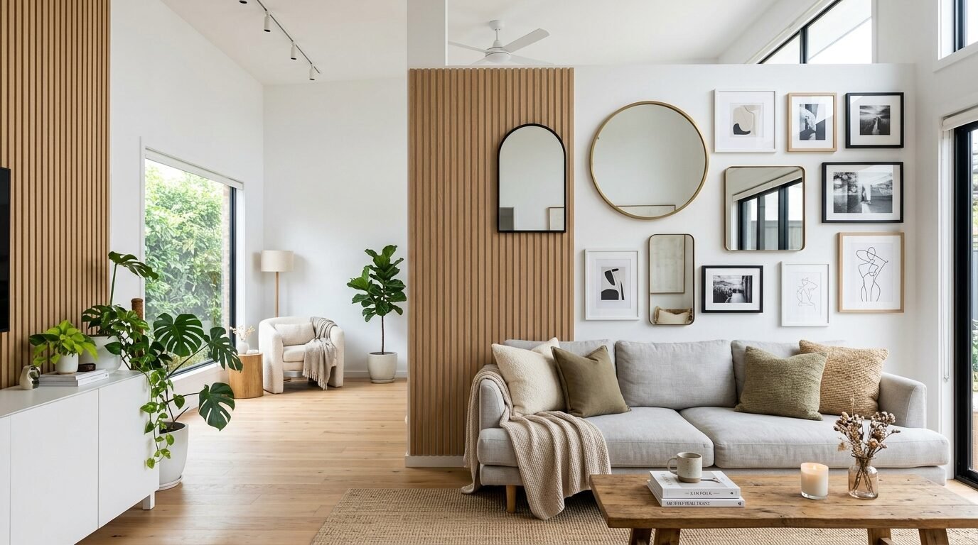 A sunlit living room featuring a grey couch, gallery wall, mirrors, and wooden wall paneling.