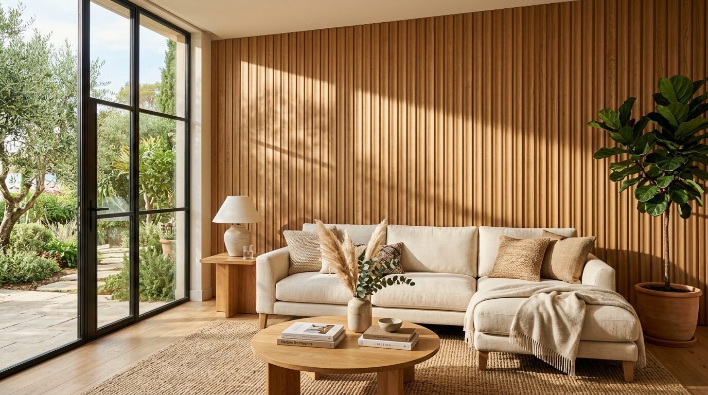 Cream L-shaped sofa sits in front of a vertical wood slat wall next to a large window and potted fiddle leaf fig plant.