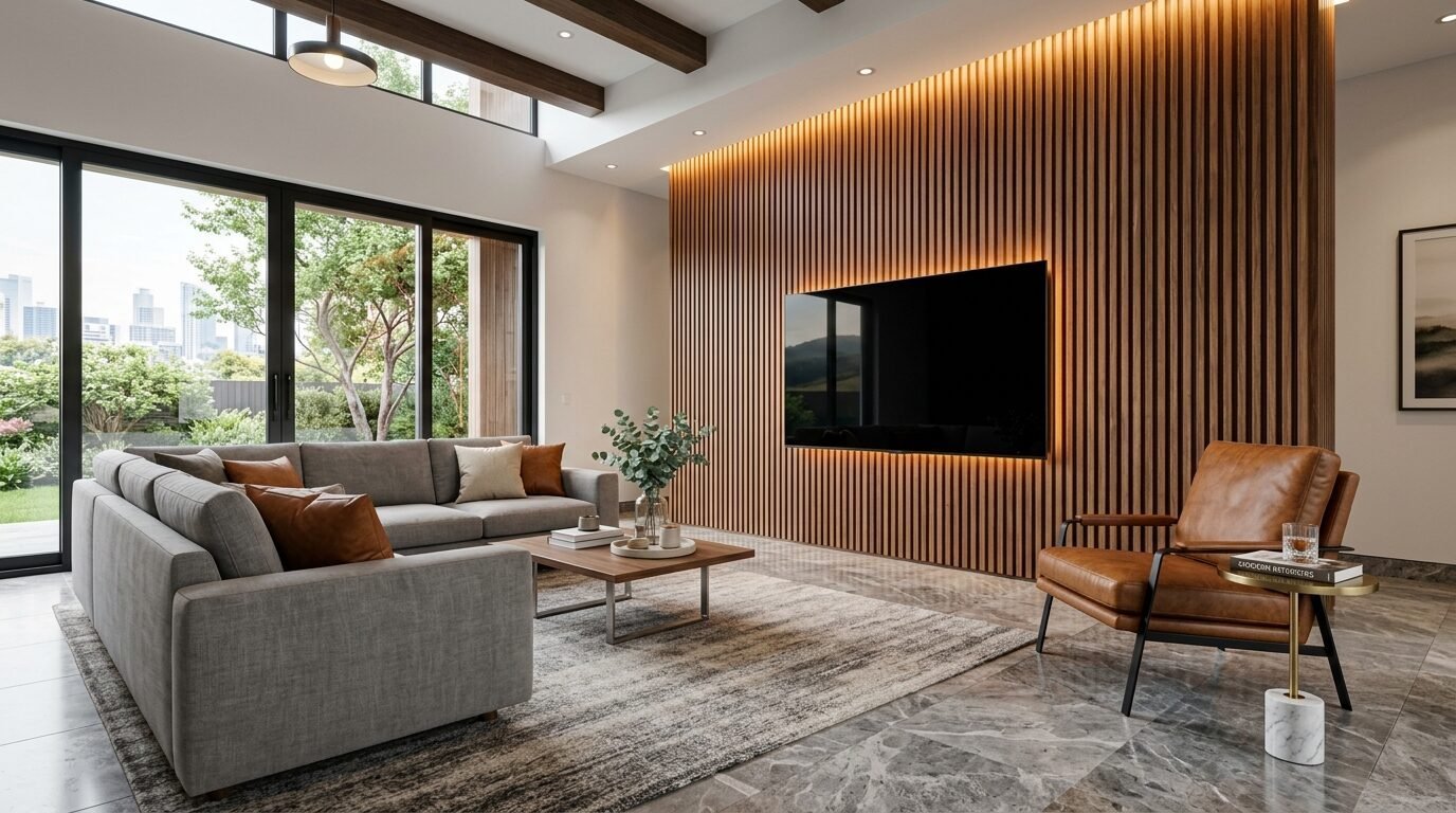 Gray sofa and leather armchair in a luxury living room with a backlit wooden accent wall and marble floors.
