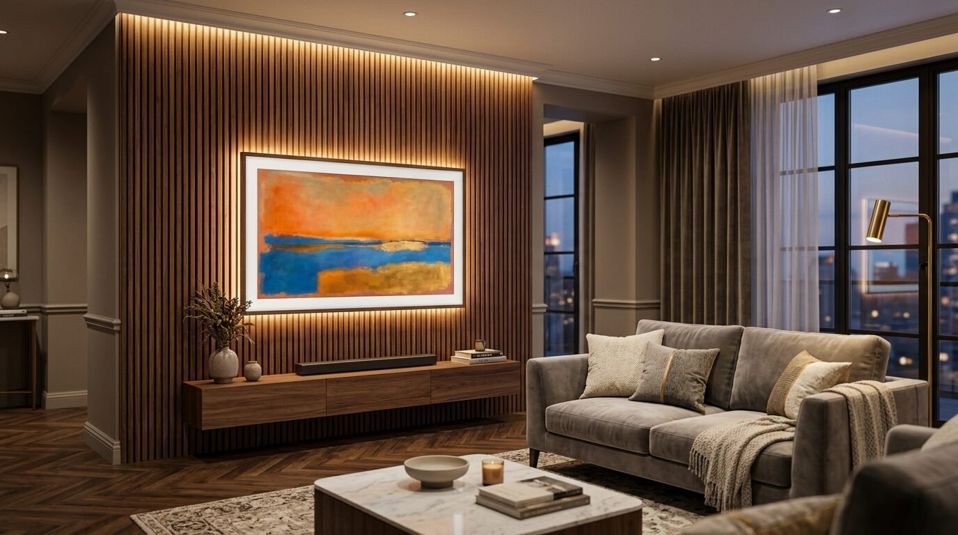 Modern living room featuring a mounted screen displaying orange and blue art above a floating walnut console table.