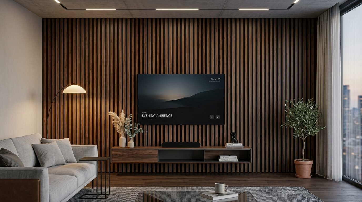 A modern lounge interior with a large screen on a vertically panelled wood wall and a grey sofa.
