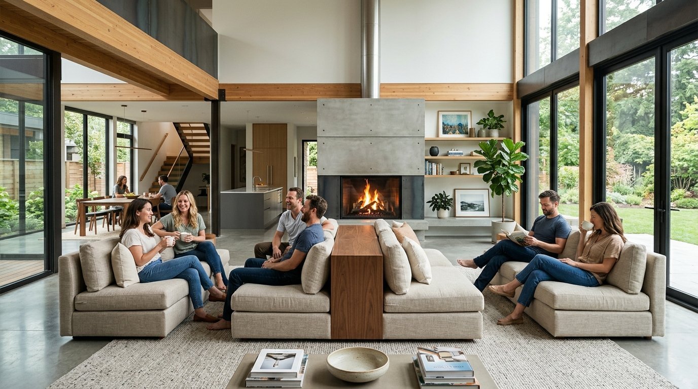 Group of friends socializing on modular tan sofas in a sunlit home with a concrete fireplace.