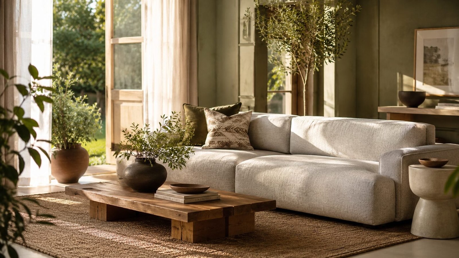 Cream colored modern sofa sits on a jute rug next to a natural wood coffee table in a bright Mediterranean room.