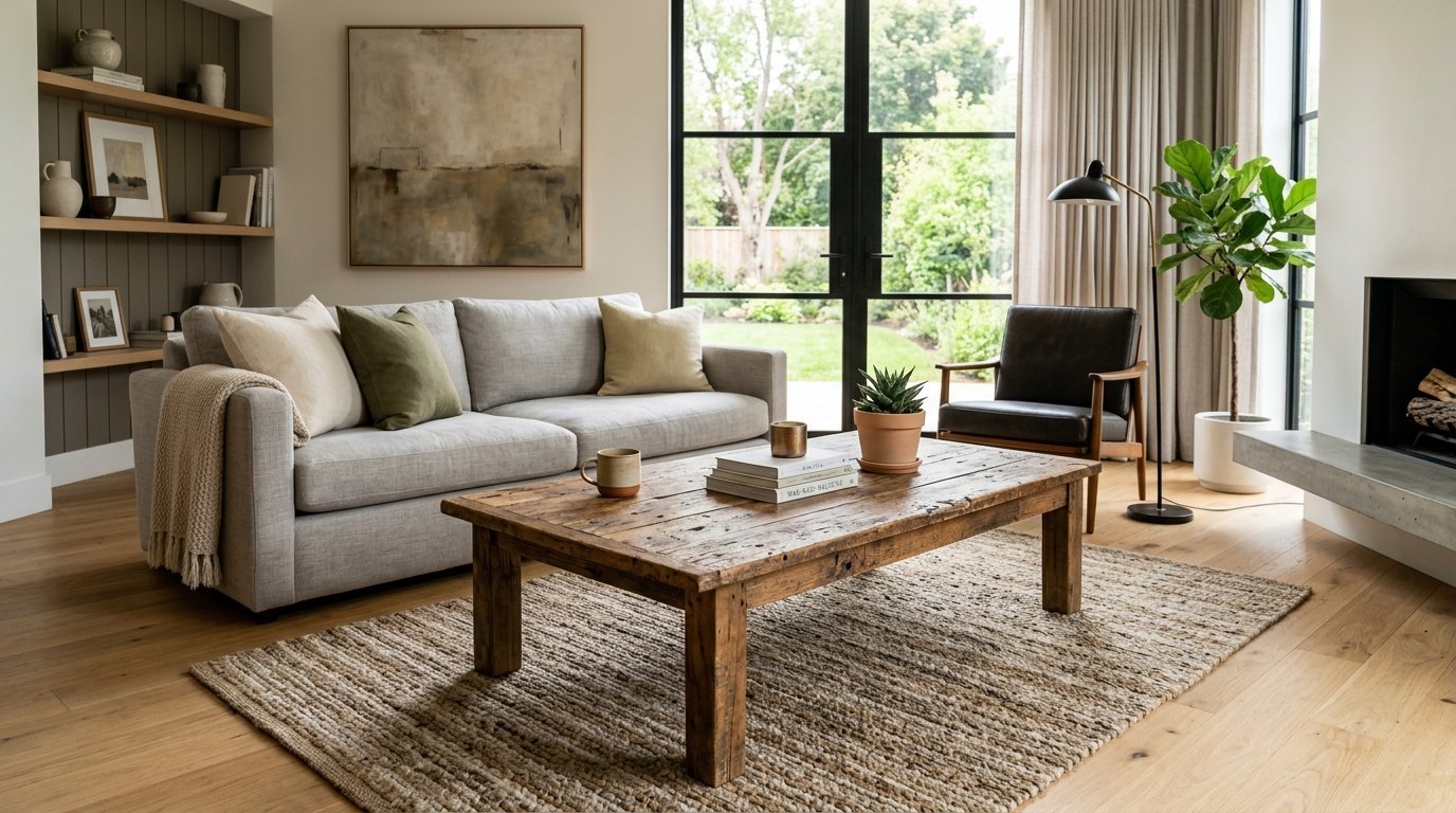Modern living room with a rustic wooden coffee table, grey sofa, leather accent chair, and potted fiddle leaf fig.