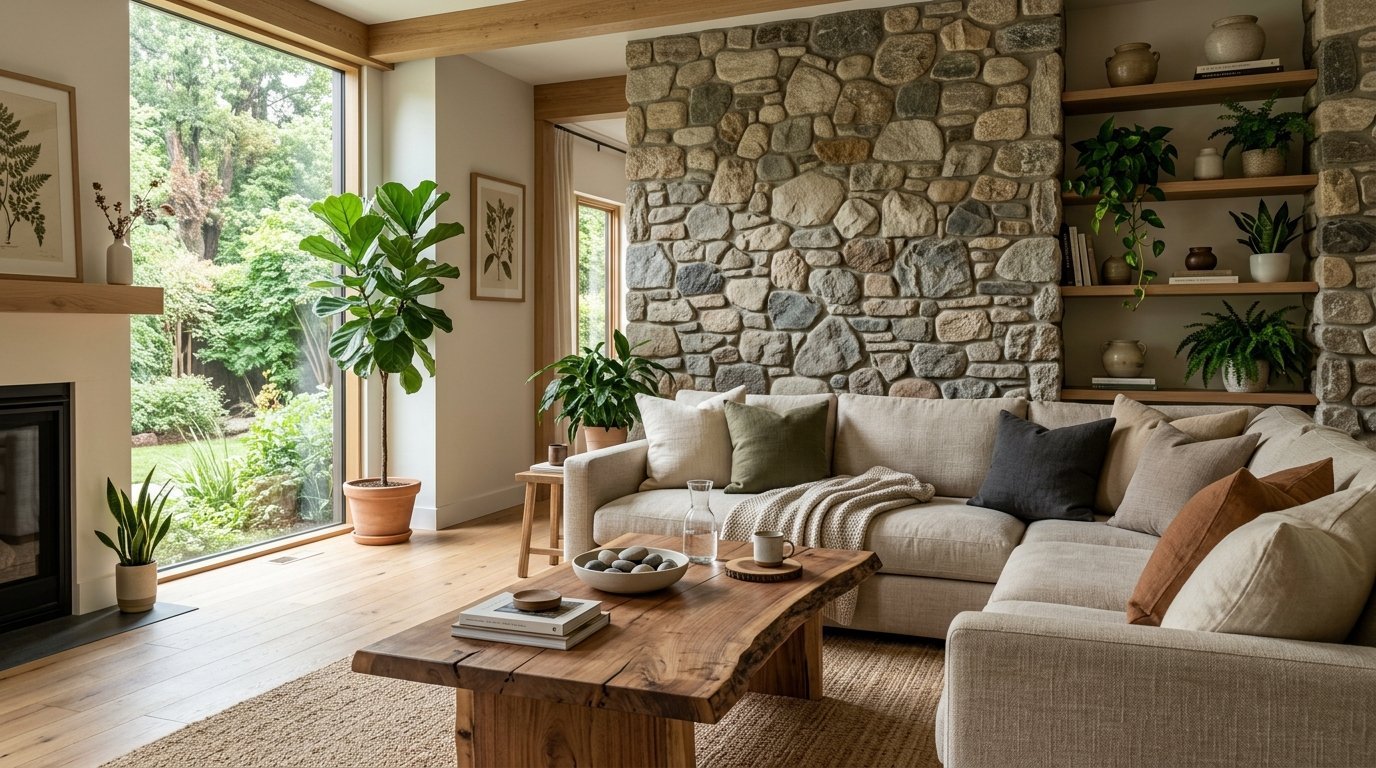 A cream sectional sofa sits in a bright room with a stone accent wall, houseplants, and a live edge coffee table.