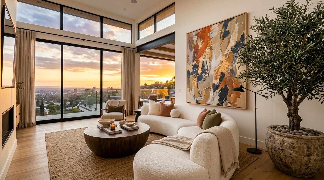Contemporary living room with curved cream couch, large abstract wall art, and an olive tree at sunset.