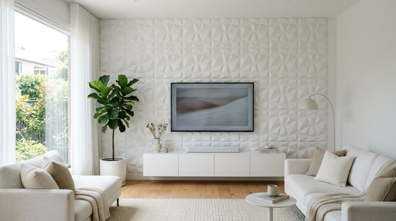 Bright living room with a 3D geometric patterned wall, flat screen TV, and white furniture.