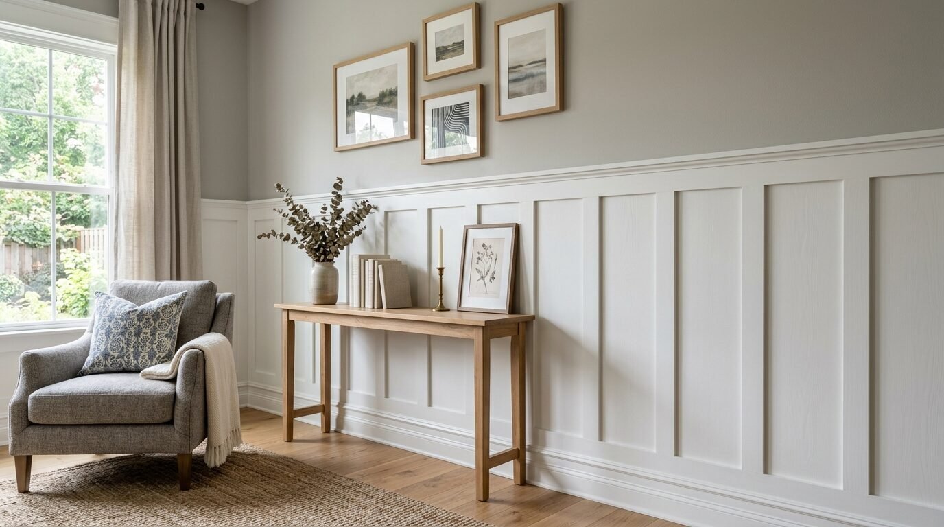 Grey accent chair and narrow oak table with botanical decor against white board and batten paneled walls.